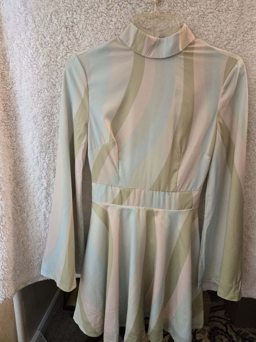 Trendy Hip Buys High-Neck Pastel Striped Fit & Flare Dress